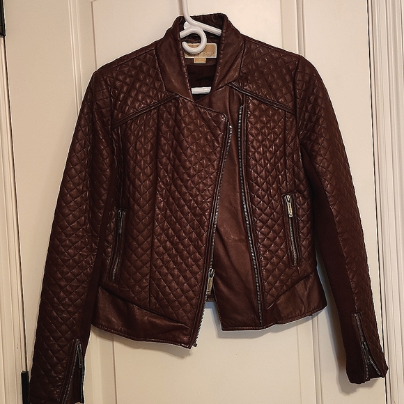 Michael Kors burgundy leather moto jacket quilted - Picture 1 of 8